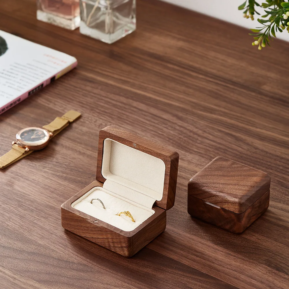 Amgoth Walnut Wood Wedding Engagement Ring Box Holder Stud Earrings Jewelry Organizer Storage Gift Box