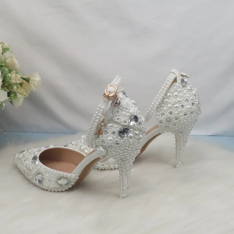 Womens Wedding Shoes Bridal Sandals Shoes Woman Thin Heel Crystal Party Dress Shoes Woman High Pumps white Pearl Wedding shoes