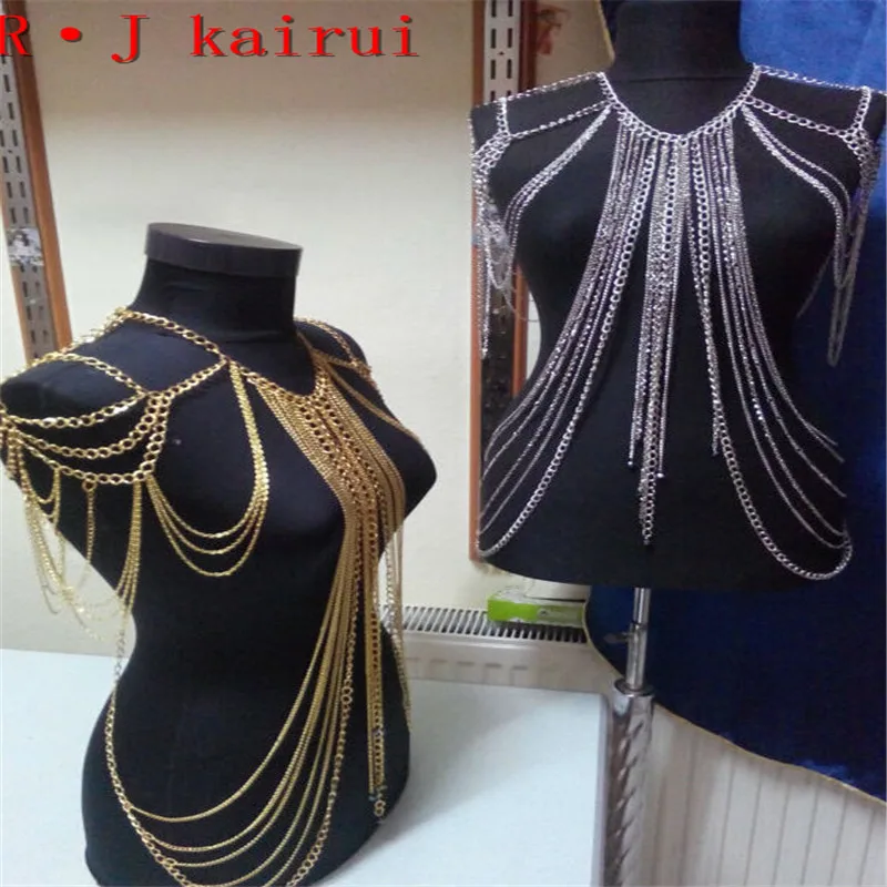 New Fashion B668 Women Punk Gold Colour Chains Jewelry Unique Design Neck Body Shoulder Chains Jewelry Top Costume Jewelry