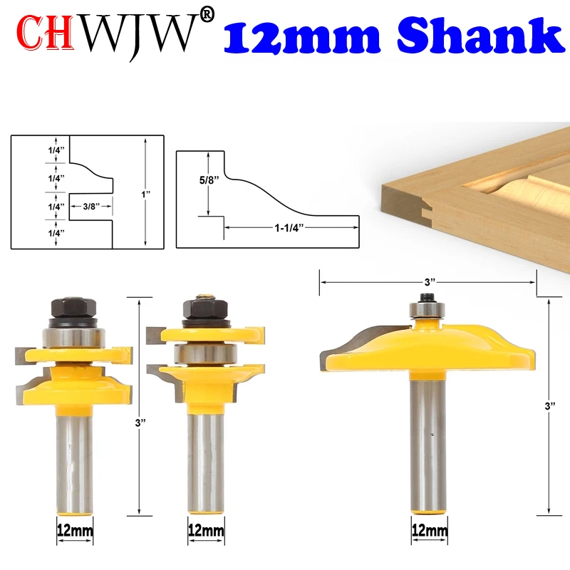 Shank Rail e Stile Router Bits, Matched Padrão Ogee Faca de Porta, Tenon Cutter, Ferramentas para Carpintaria, 12mm, 1-3Pcs