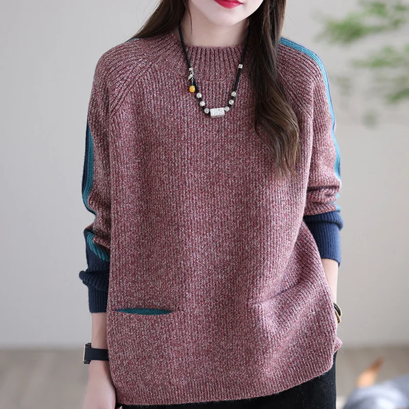 

Women Vintage Loose Knitted Sweater Pocket Casual O-Neck Long Sleeve Clothing Autumn New Cotton Blend Sweaters