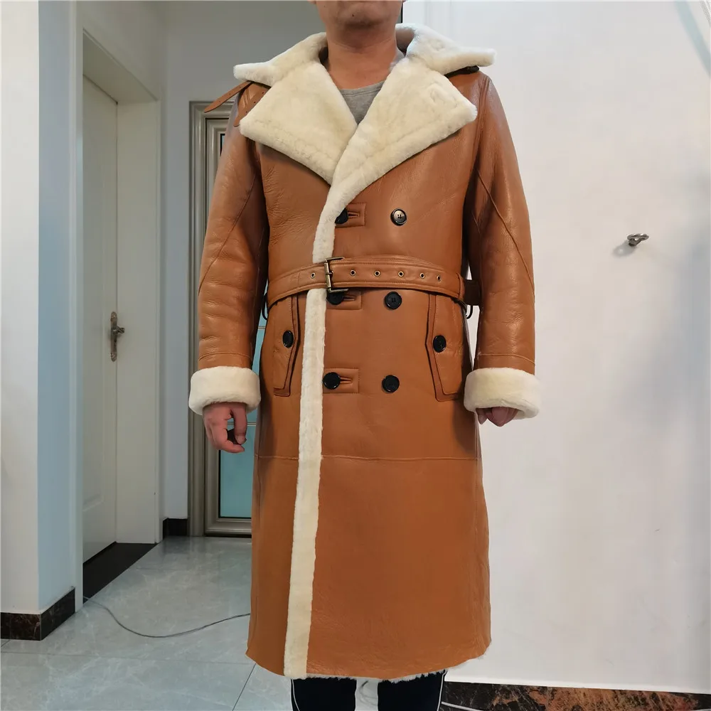 Luxury Thicken Long Sheepskin Shearling Fur Men Fashion Formal Suit Collar Genuine Leather Outwear Winter Warm Real Fur Coat