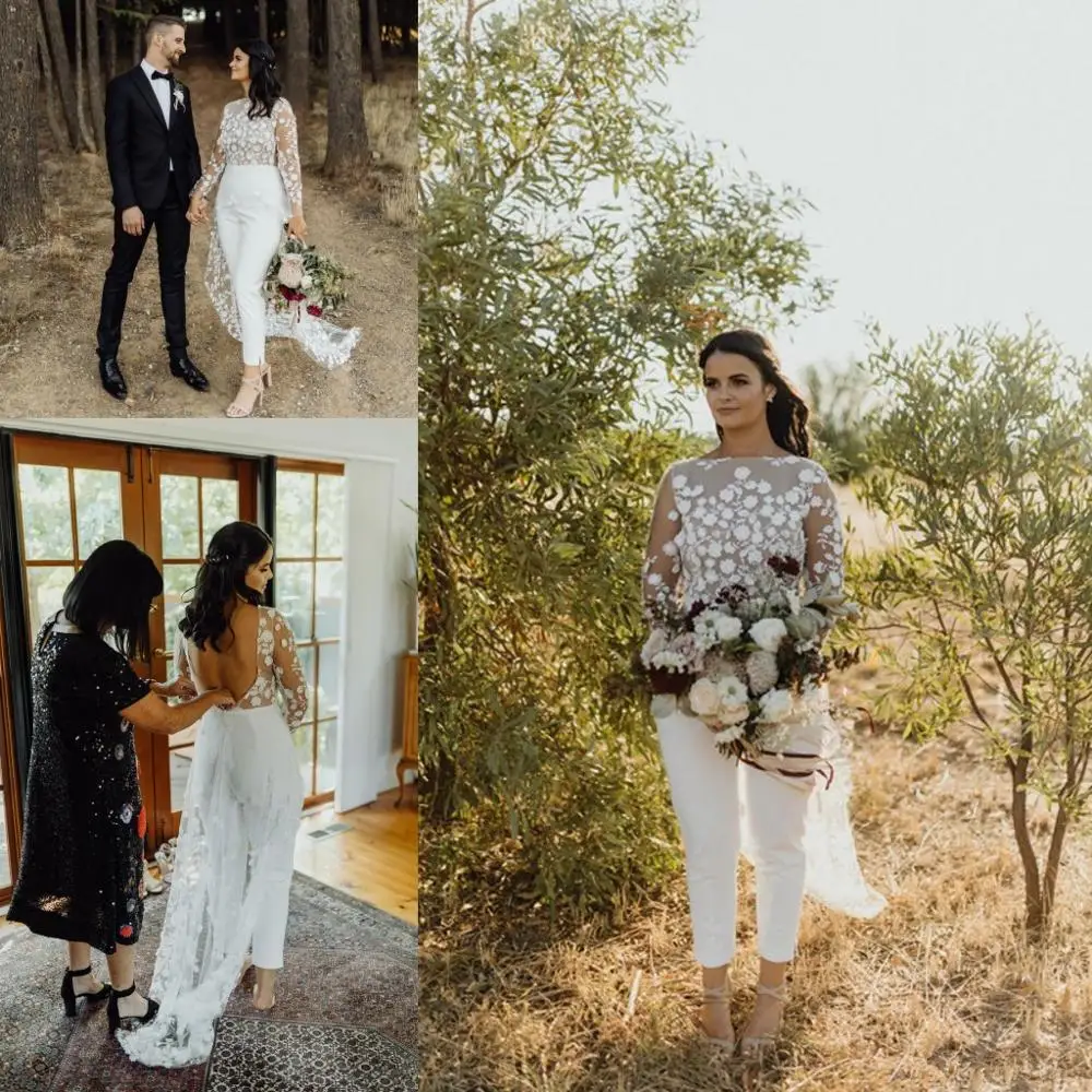 Boho Country Wedding Jumpsuit With Train 2020 Jewel Neck Long Sleeve Lace Floral Backless Summer Holiday Beach Bride Pant Suit