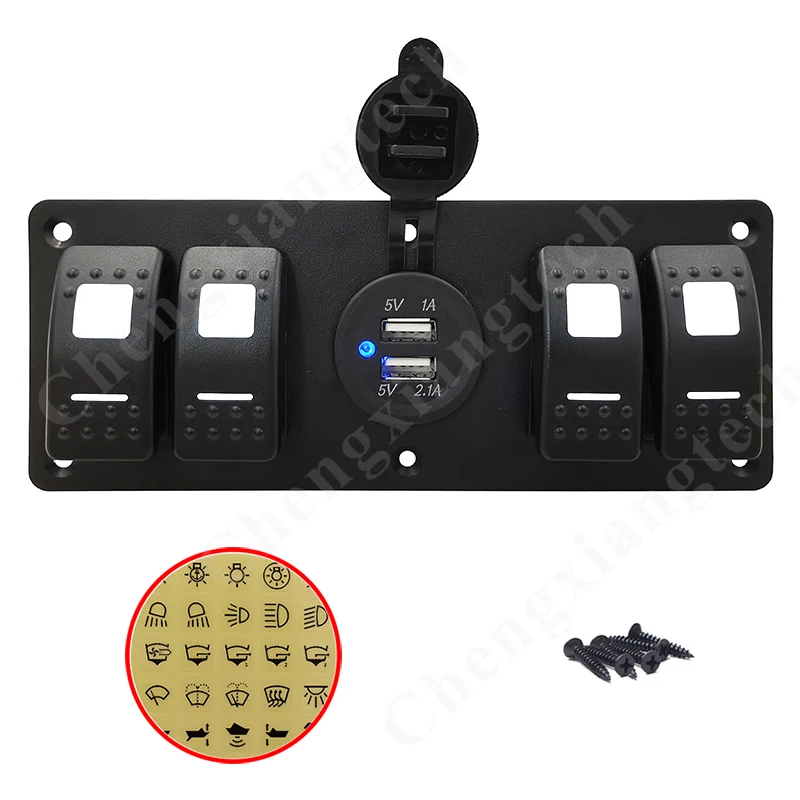 4 Gang Waterproof Marine Boat Rocker Switch Panel with 12V/24V Dual USB Slot Socket, White Led On Off Rocker Switch Panel