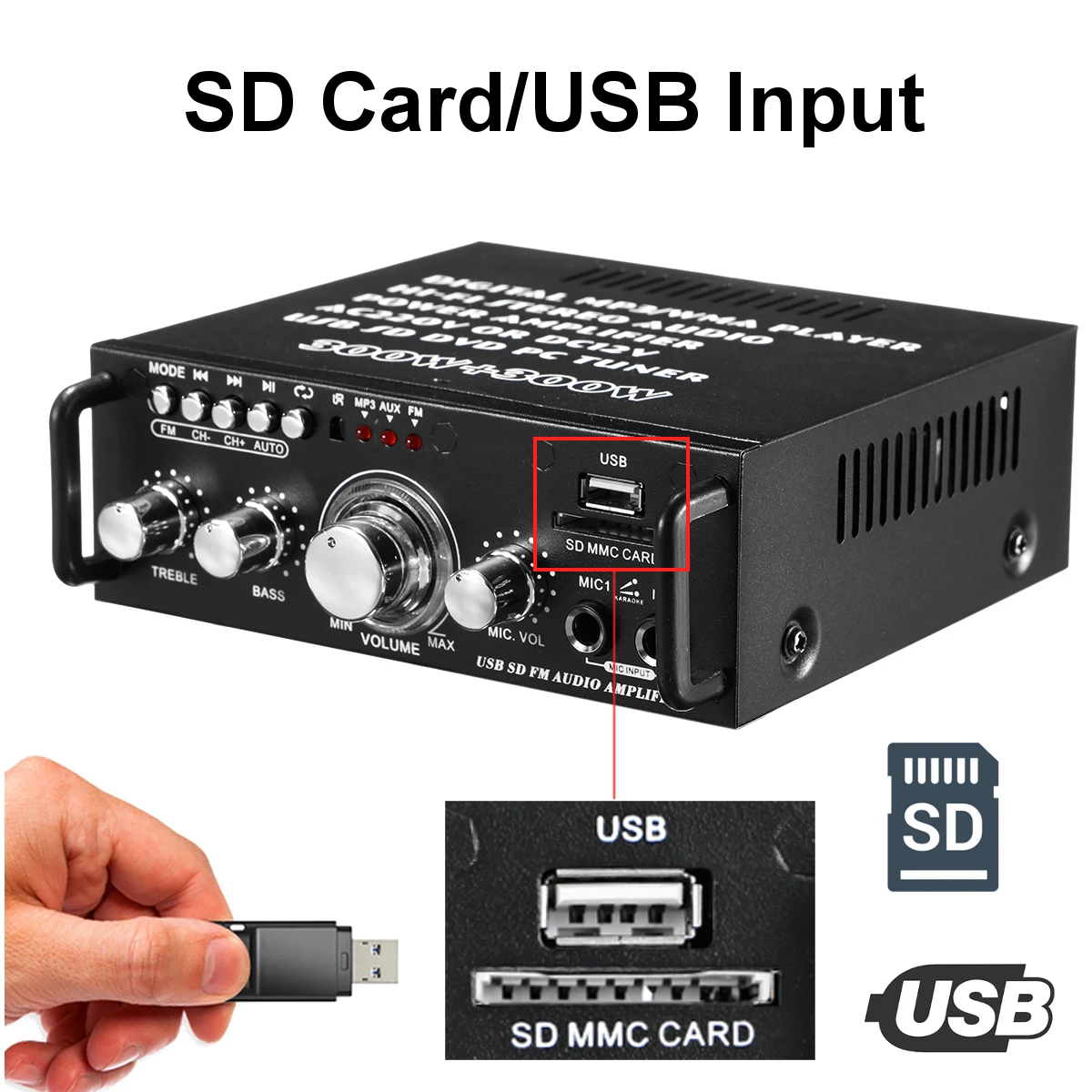 مضخم صوت صغير للسيارة والمنزل ، 110 فولت إلى 220 فولت ، 600 واط ، ستيريو ، بلوتوث ، FM ، SD ، HIFI ، 2ch AMP