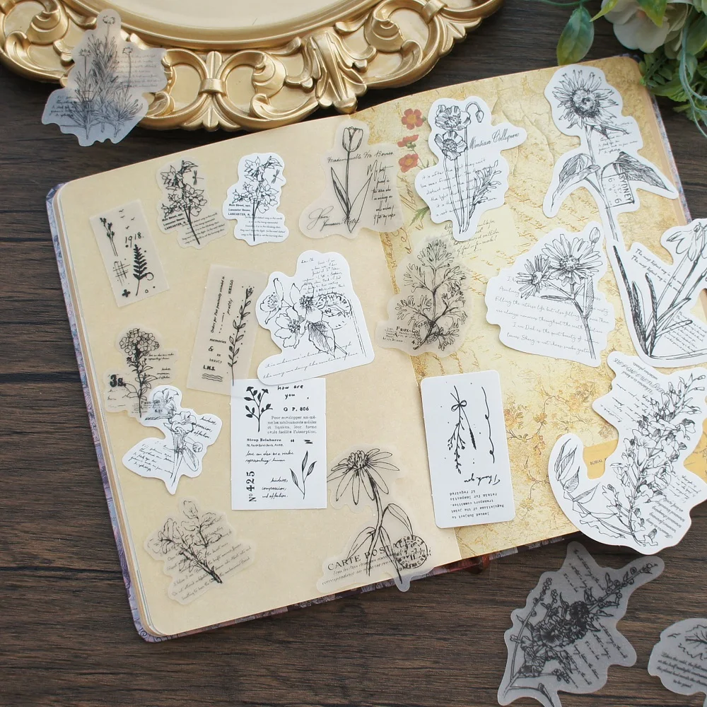 2 Material 38pcs Stamp Print Design Poetry of Plants Sticker Scrapbooking DIY Gift Packing Label Gift Decoration Tag