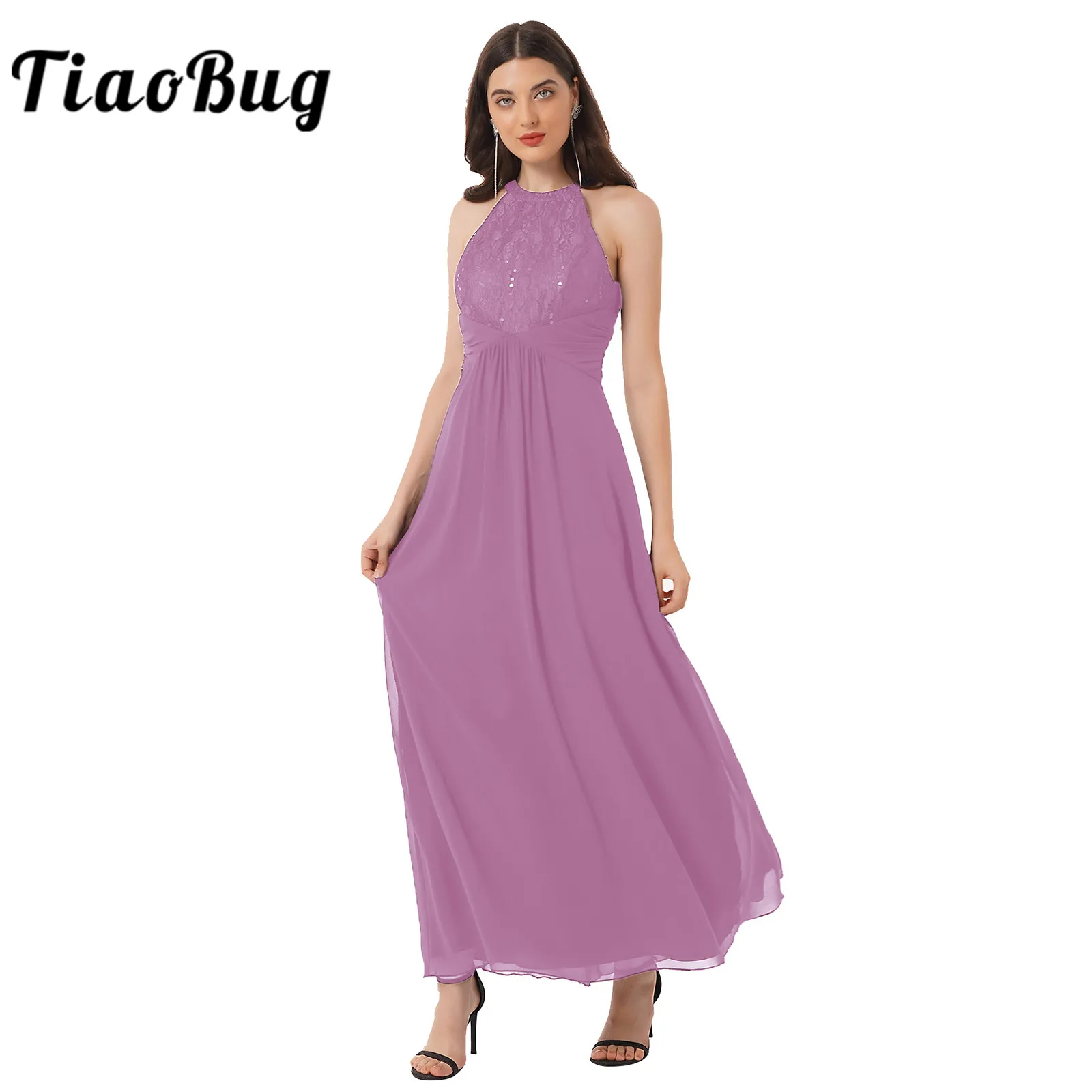 Lace Bridesmaid Dresses Elegant Women Chiffon Halter Sleeveless Pleated Long Dress Vestidos De Festa Prom Gown Wedding Costume