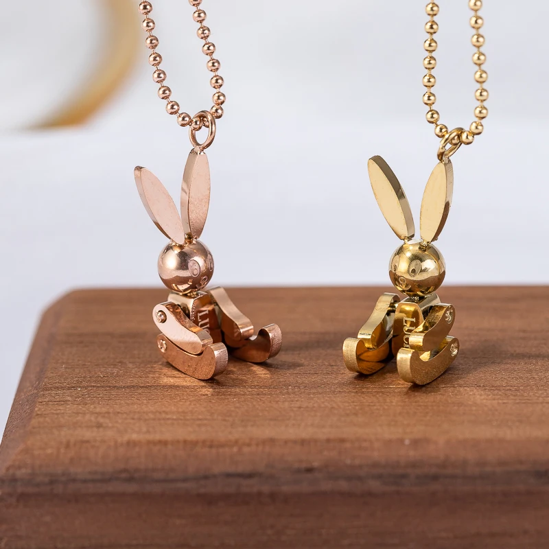 

YUN RUO 18 K Gold Plated Cute Mobile Rabbit Pendant Necklace Woman Fashion Titanium Steel Jewelry Gift Never Fade Hypoallergenic
