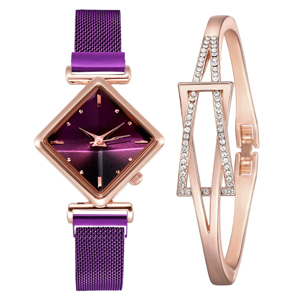 Women Square Watch Bracelet Set Luxury Ladies Quartz Magnet Buckle Gradient Color Watches Relogio Feminino for Gift Clock