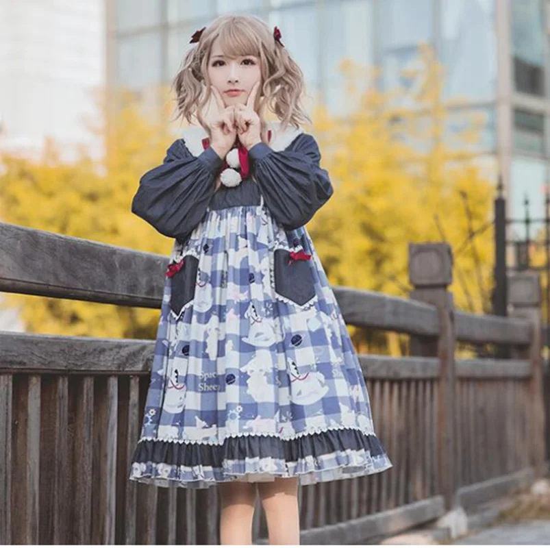 

Sweet princess lolita dress vintage turn-down collar bowknot printing high waist victorian dress kawaii girl gothic lolita op