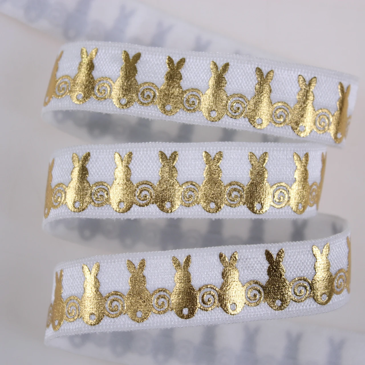 

5/8" 15mm Gold Foil Bunny Printed 029 White FOE Fold Over Elastic Ribbon For Hair Tie 100Yards