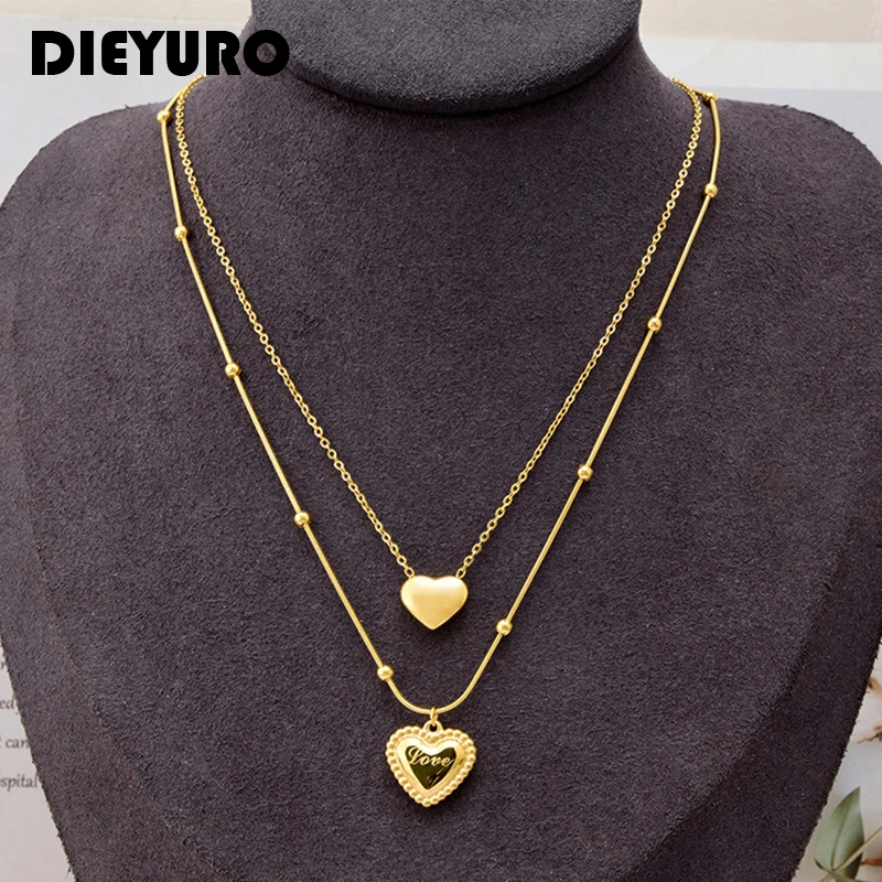 DIEYURO 316L Stainless Steel Sweet Gold Color Romantic Love Heart 2 Layers Pendant Necklace For Women Valentine's Day Gift