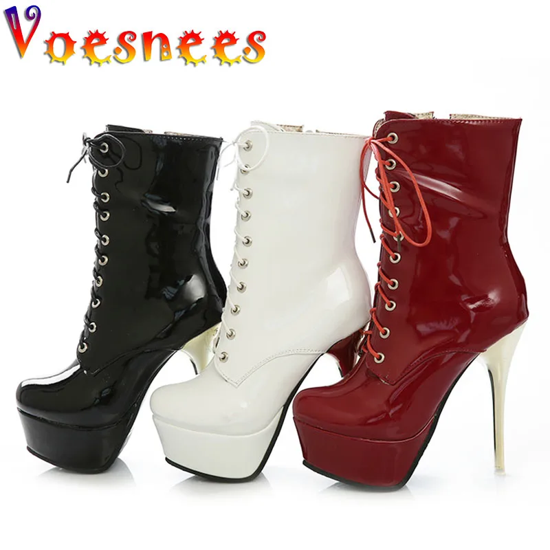 

Voesnees Short Boots New Women Spring And Autumn Women's Shoes Round Toe Patent Leather Boots Lace-Up Stiletto Heel Shoes