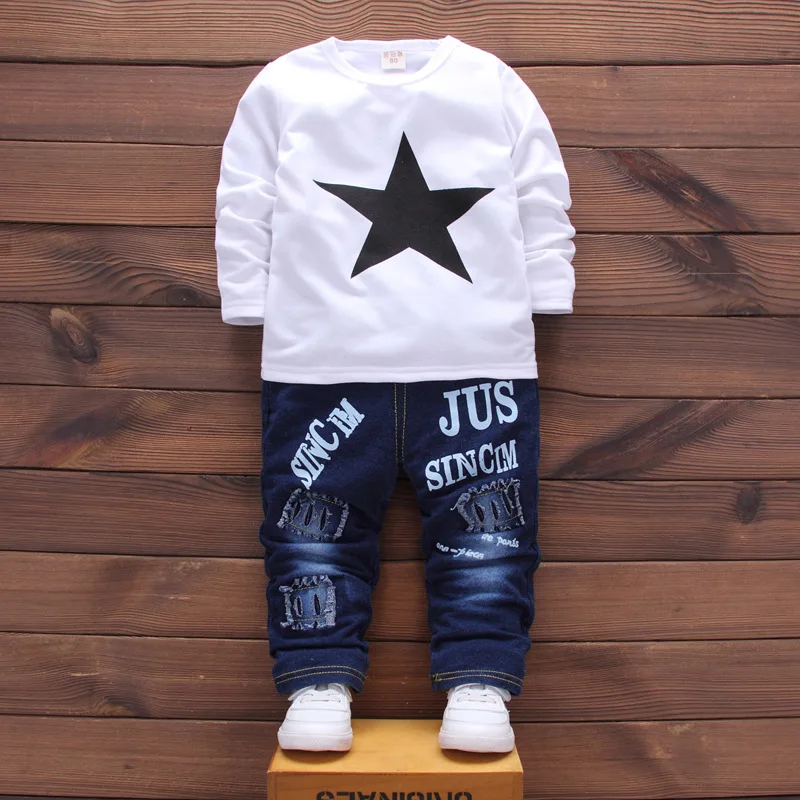 Baby Kids Denim Jacket Boys Coat Toddler Sport Clothes Suit Clothing Set Cotton Jeans Coat T-shirt Pants Star Tracksuit Children