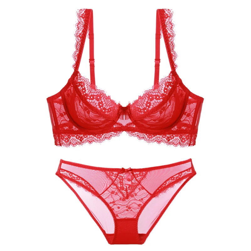 Fashion Pink Lace Bra And Panty Sets Plus Size Transparent Brassiere Floral Embroidery Underwear Set Women Sexy Lingerie A B C D