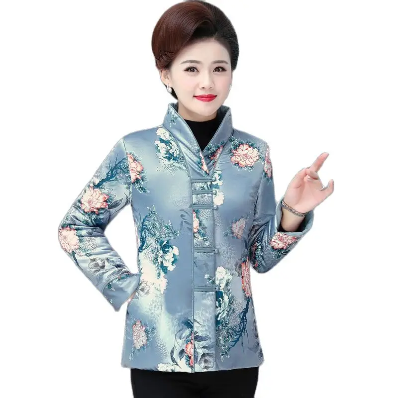 Women Winter Down Cotton Jacket 2024Middle-aged Female Tang Suit Printing Cotton Jacket Middle-aged Mother Thick Warm Coats C