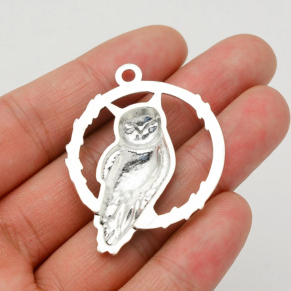 5pcs/Lots 36x45mm Antique Silver Plated Circle Owl Metal Charms Round Bird Pendant For Diy Jewellery Making Supplies Accessories