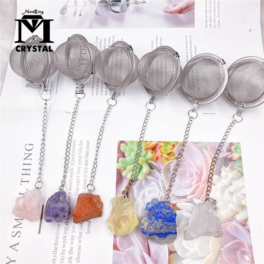 1PC Natural Crystal Stone 304 Stainless Steel Tea Maker Tea Filter Crystal Rough Raw Crystal Decoration Crafts