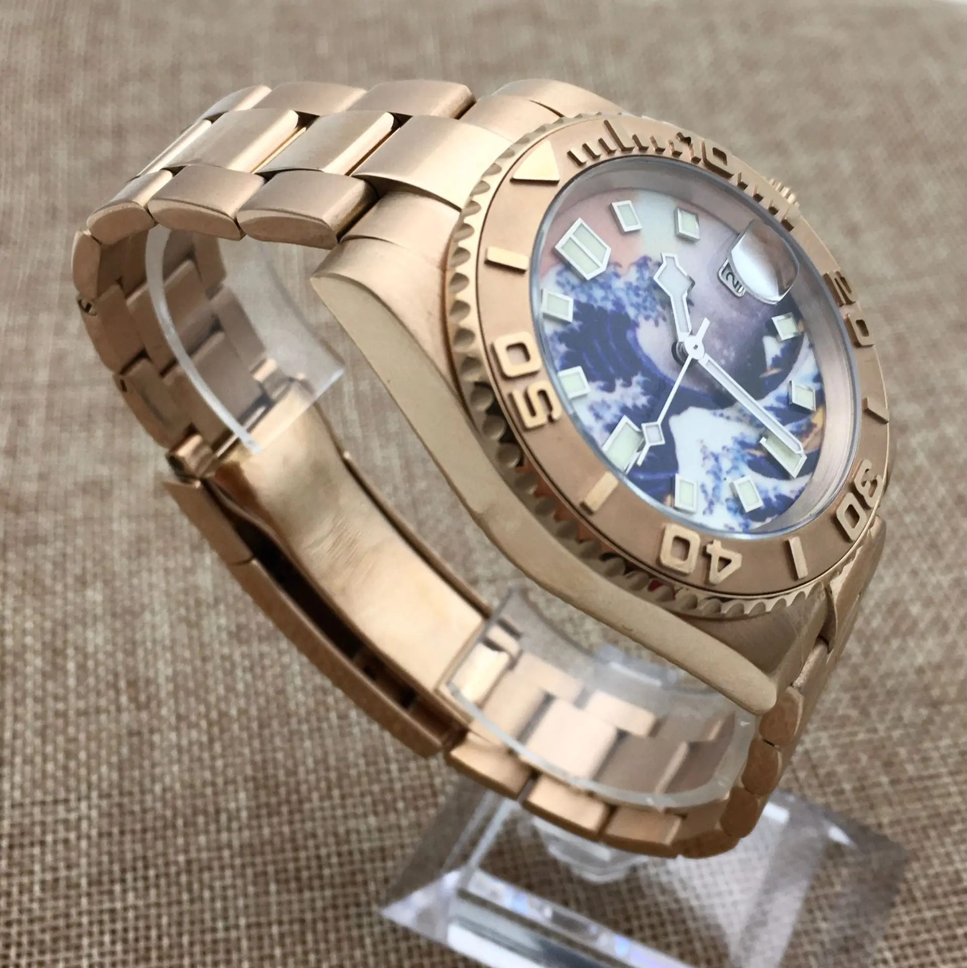 40mm Kanagawa Surf Luminous Dial Ceramic Ring Yacht Men\'s Automatic Mechanical Watch Stainless Steel Rose Gold Case NH35