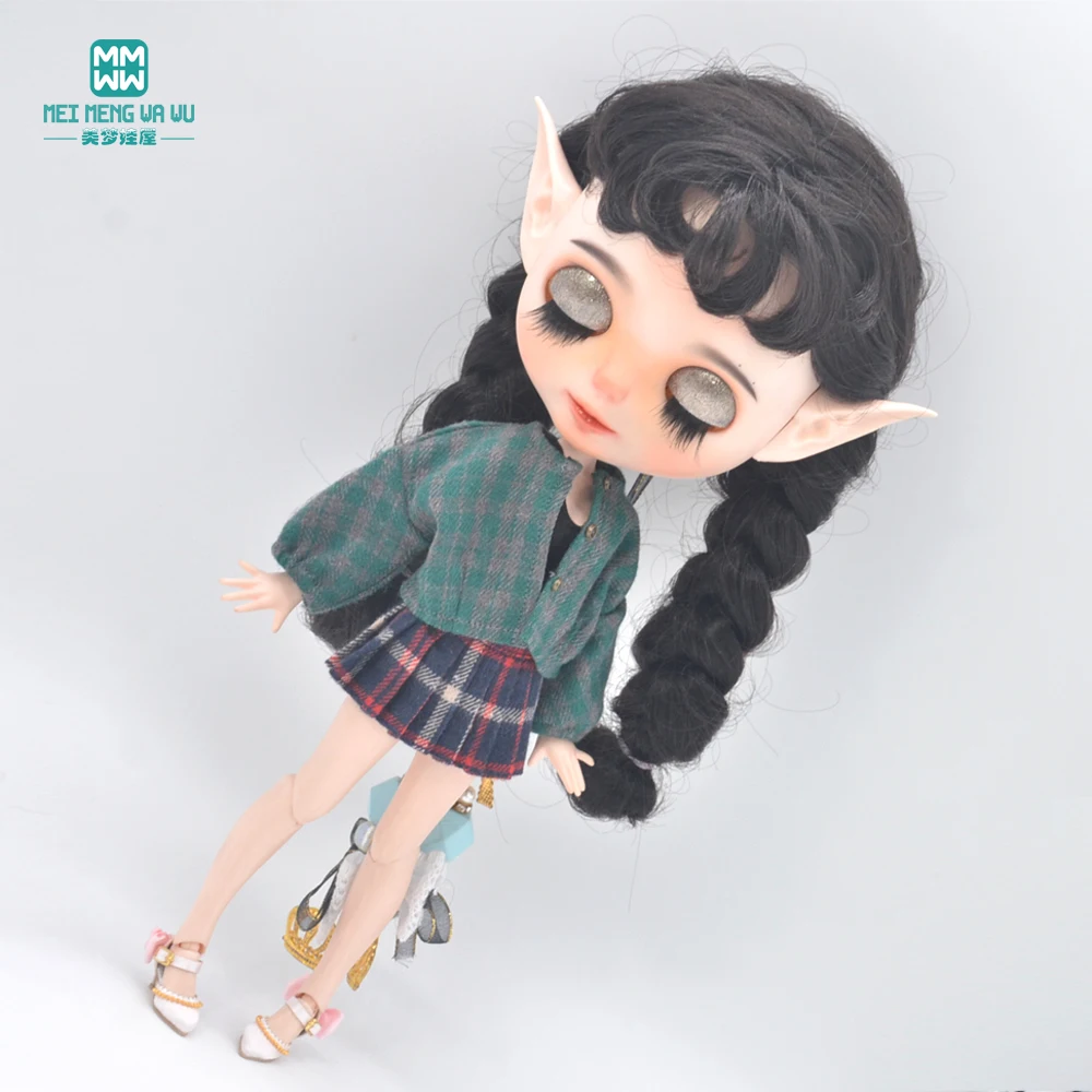 Clothes for Doll Fits Blyth Azone OB22 OB24 Doll Fashion Woolen Jacket Plaid Top Blue, Green, Black, Gray