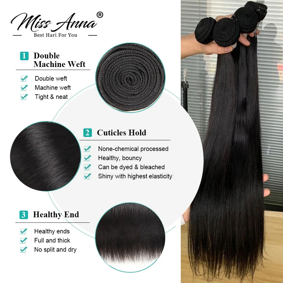 Missanna-Brazilian Soft Weave Bundles, Bone Straight Bundle, Natural Remy, extensões grossas de cabelo humano, 12A, 28 in, 30in, 1 PC, 3 PCs, 4 PCs