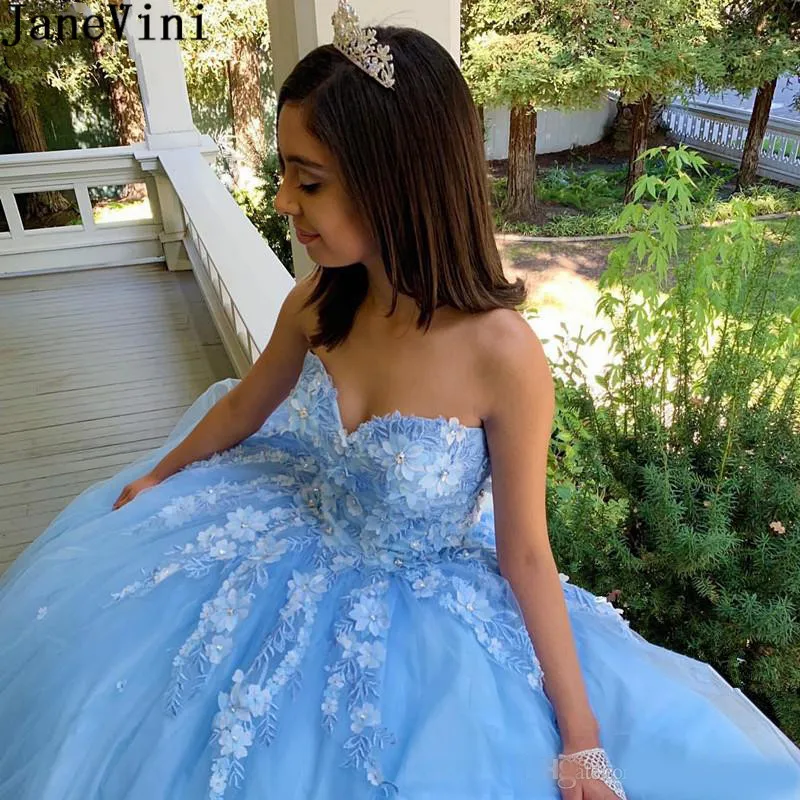 JaneVini อ่อนเยาว์สุภาพสตรี Blue Quinceanera Ball Gown อย่างเป็นทางการลูกปัดดอกไม้ลูกไม้ยาวหวาน 16 ชุด vestido 15 anos