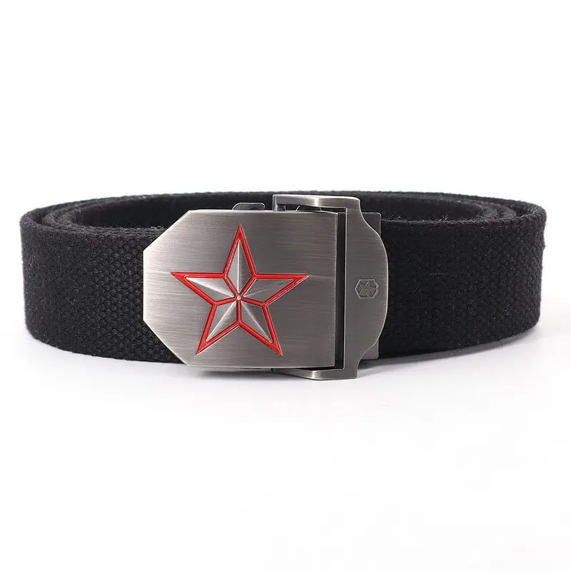 Mens Metal Slide Buckle Waist Belts Red Star Breathable Canvas Army Military Unisex Jeans Accessories Women Leisure Strap