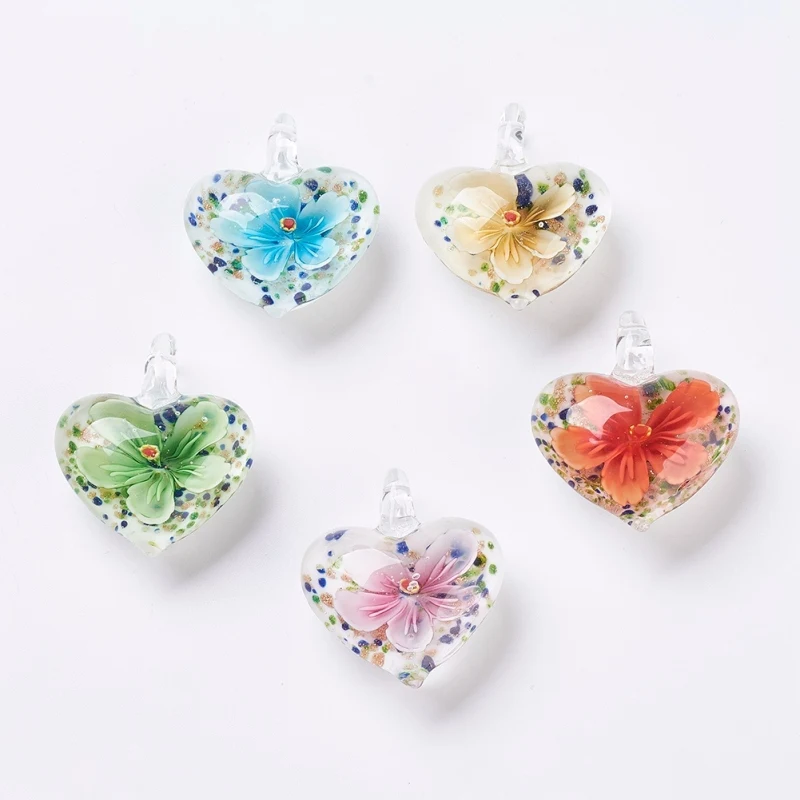 10pcs Murano Glass Heart Handmade Lampwork Pendants Inner Flower Lampwork Glass Charms for Necklace Jewelry Making Gifts