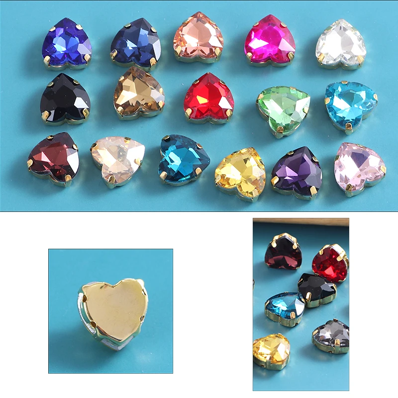 New Heart Shape Glass Sew On Rhinestones With Gold Claw Sew on Stone Crystal for Clothing Accessories Shoes DIY