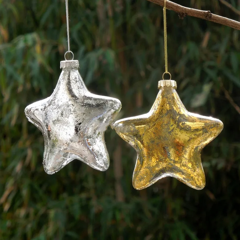 

Free Shipping 4pcs/pack 8*9cm Small Size Glass Star Pendant Home Decoration Silver Gold Sheet Christmas Tree Top Hanger Ornament