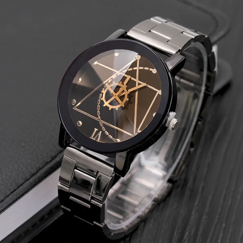 Couple Watches Men Gear Triangle Pointer Compass Dial Second Hand Watch Women Stainless Steel Watches Relogio Feminino For Gifts