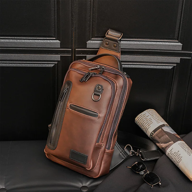 Design Men\'s Chest Bag PU Leather Vintage Male Messenger Shoulder Bag Simple Casual Crossbody Bag Sling Travel Bags Bolsa