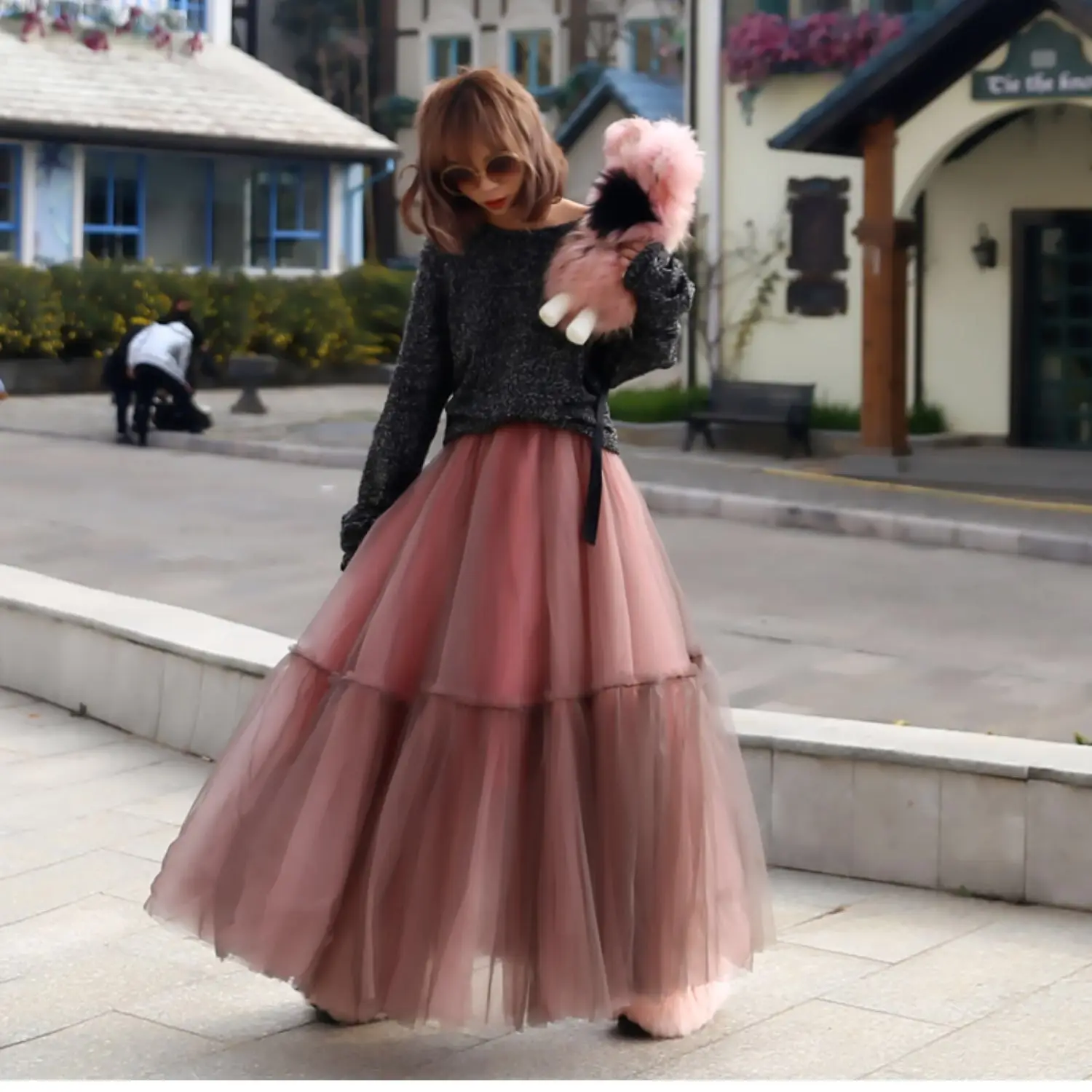 Winter Vintage Gothic Pleated Long Tulle Skirt Tutu Femme High Waisted Runway Mesh Long Skirts Korean Fashion Clothing Q661