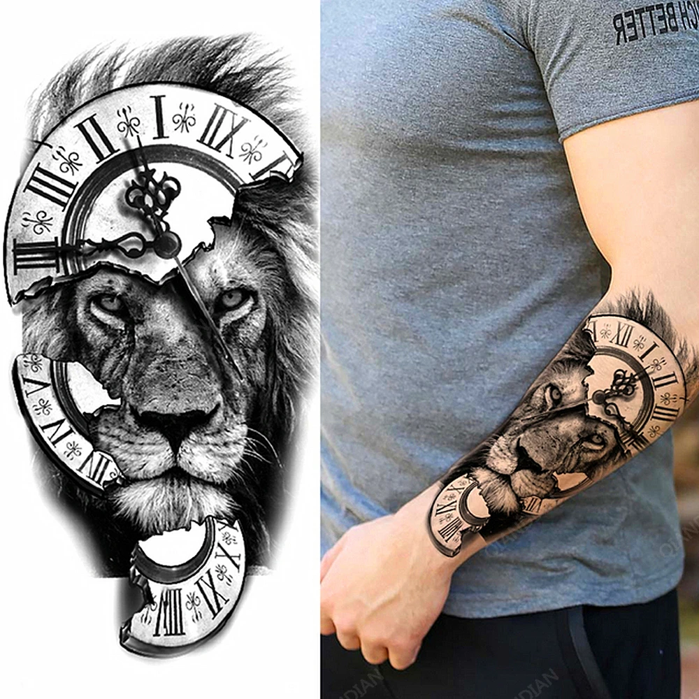 Tatouages temporaires imperméables Lion pour hommes, 1 pièce, faux autocollants, bras, main, Art Cool, horloge de transfert noire