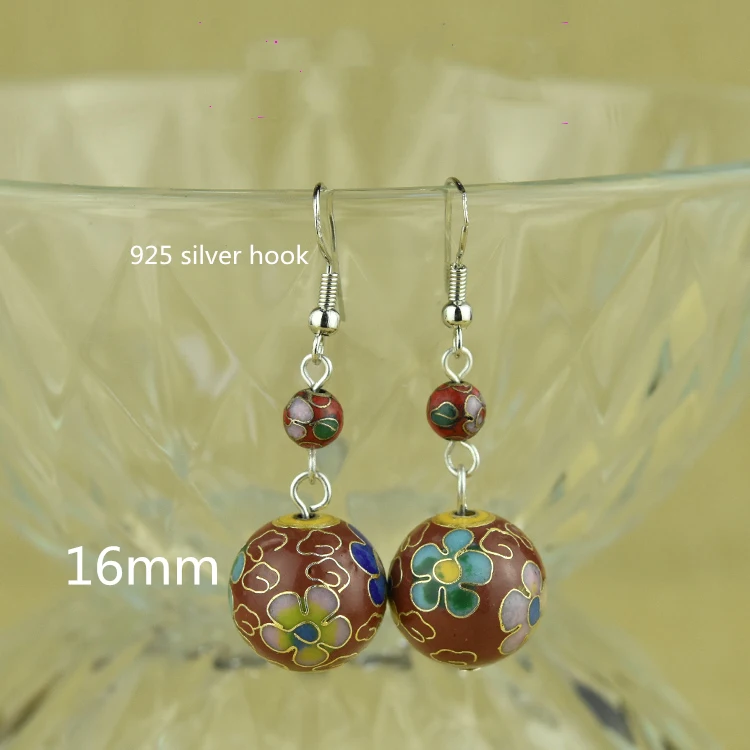 Handmade Polished Cloisonne Filigree Flower 16mm Beaded Earring 925 Silver Hook Enamel Eardrop Jewelry Colorful Women Ear Dangle