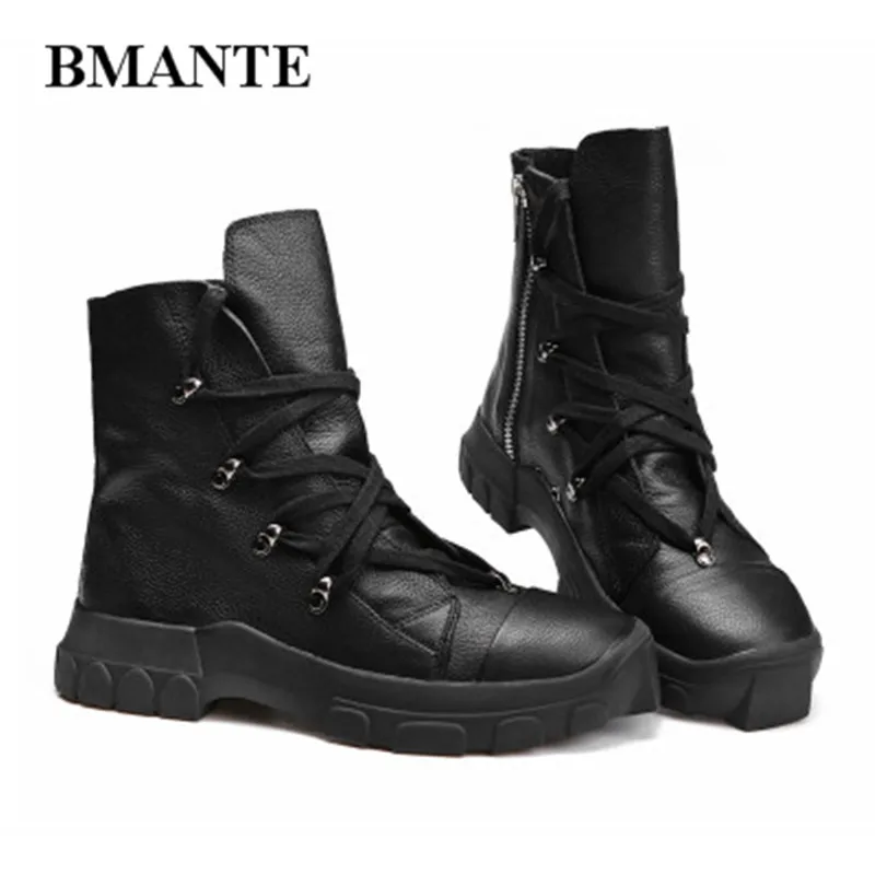 Bmante Men Boots Winter Genuine Leather Handmade Trainers Basic Ankle Boots High Top Lace up Shoes Gothic Dark Owen Sneakers