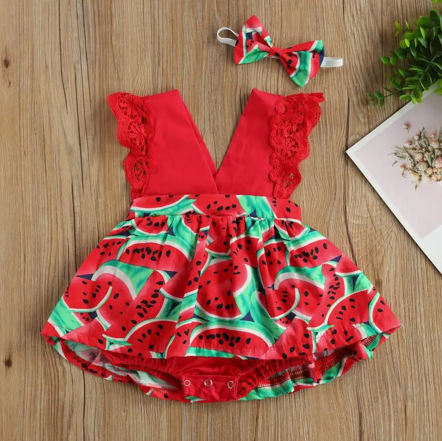 

Baby Watermelon Print Bodysuits Girls Sleeveless Deep V-neck Short Jumpsuit Bow-knot Headband Summer Girls Rompers