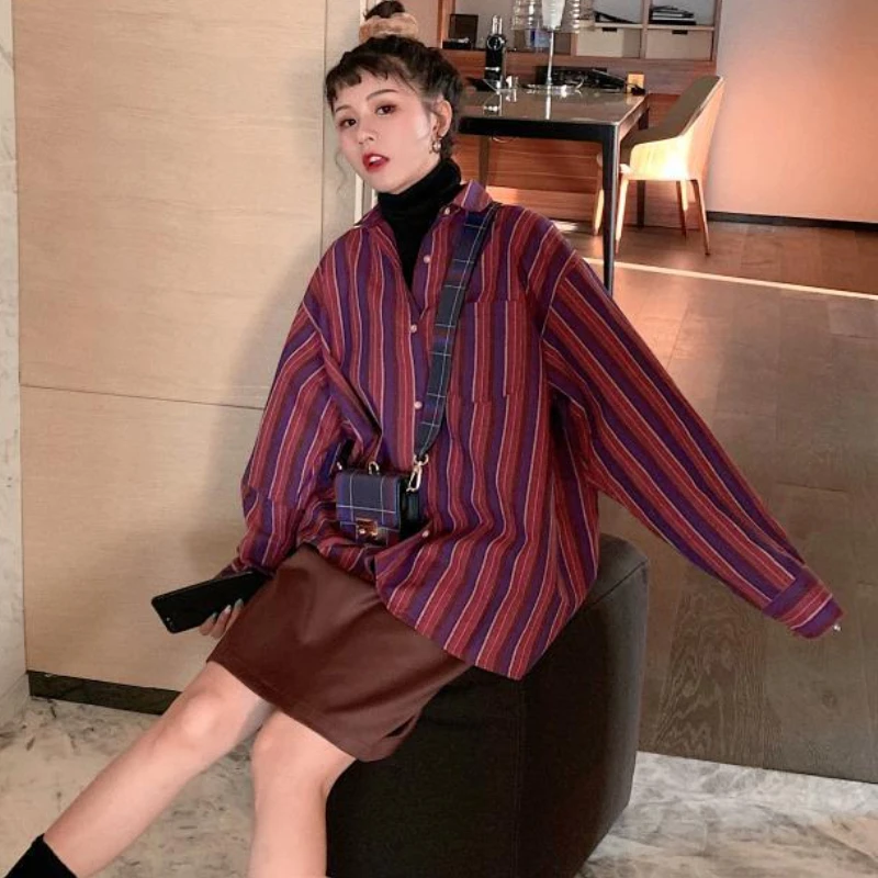 Shirts Women Spring All-match Striped Vintage Office Lady Leisure Elegant Turn Down Collar Stylish Tops Ulzzang Popular Trendy