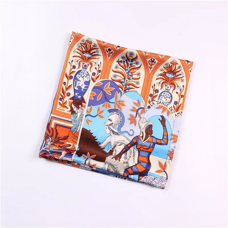 Manual Hand Rolled Twill Silk Scarf Women Palace Print Square Scarves Wraps Echarpe Curled Foulards Femme Bandana Hijabs 90CM