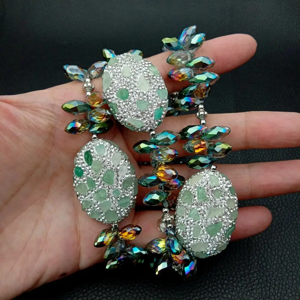 YYGEM 8''  Pave Aventurine Chips Beads 3 Strands Green Crystal faceted teardrop top-drilled Bracelet magnet clasp
