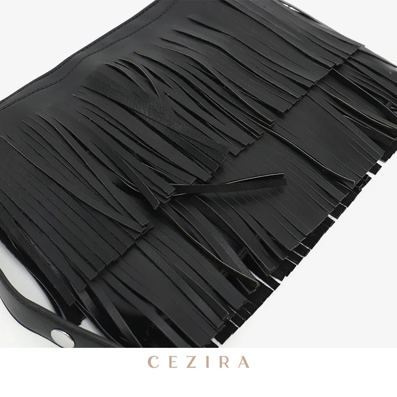 CEZIRA Bohemia Tassel Fringe Ladi Side Bags Vegan Leather Stylish Designer Girl Small Crossbody Bag Zip Envelope Clutch Purse