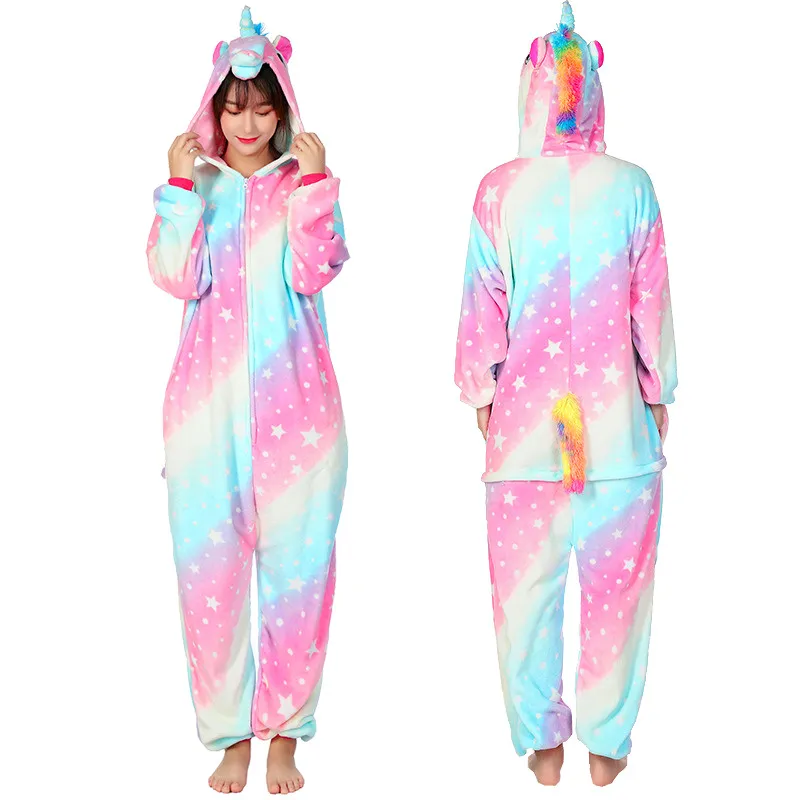 Women Unicorn Pajamas Sets  Flannel Cute Animal Pajamas Kids Women Winter Tiger Cat Nightie Pyjama Sleepwear Homewear