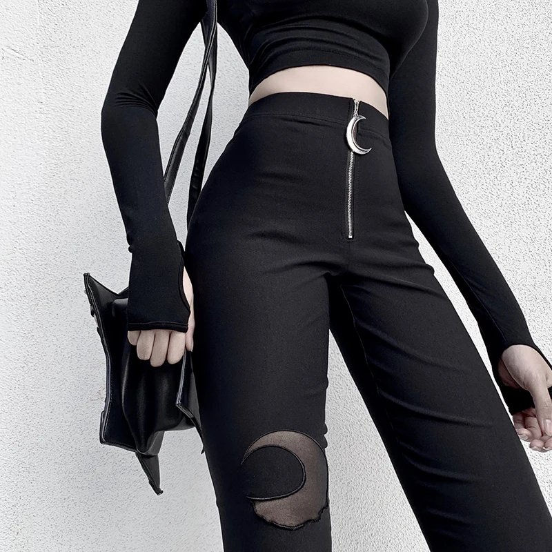 FAVRE Womens Black Pencil High Waist Pants Gothic Moon Zipper Hollow Out Bodycon Women Long Trousers Casual Streetwear Pants