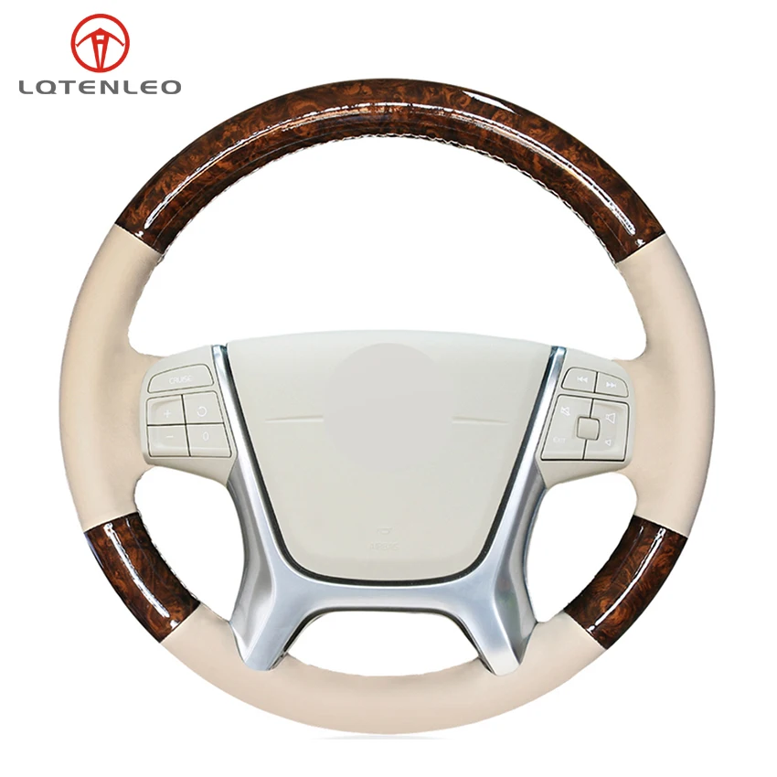 LQTENLEO Wood Grain Beige Genuine Leather Car Steering Wheel Cover For Volvo S80 S80L 2010-2015 XC60 2009-2013 XC70 2011