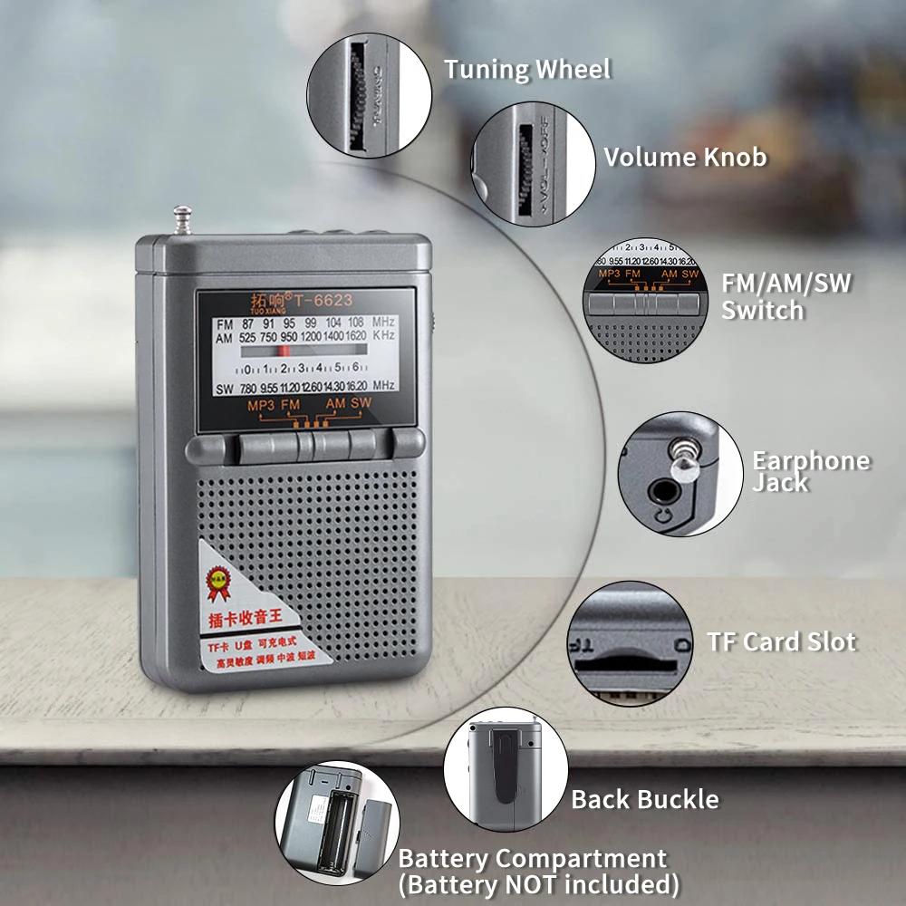 Full Band Radio Receiver FM/AM/SW World Band with LCD Display Portable Radio Pocket Radio Mini Radio with Buckle Receiver