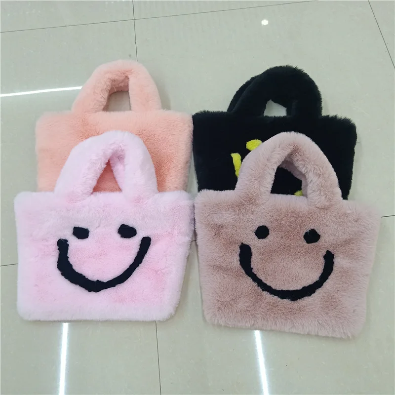 Cute Smiley Face Women Plush Shoulder Bag Soft Faux Fur Ladies Chain Messenger Bags Fashion Female Small Purse Handbags Bolsas가방