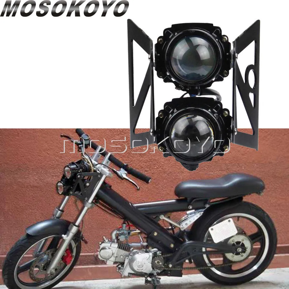 Street Motorcycle Headlight Twin Projector Light Scooter Front Running Lamp w/ Mounting Bracket for Yamaha Honda Suzuki Kawasaki