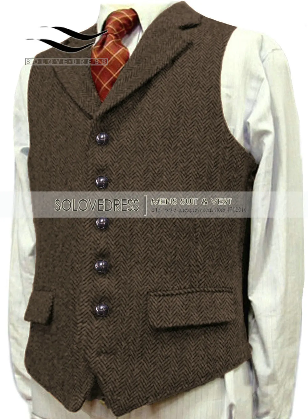 Men\'s Wool Tweed Slim Fit Leisure Cotton Burgundy Vest Gentleman Herringbone Business Brown Waistcoat Blazer For Wedding Groom