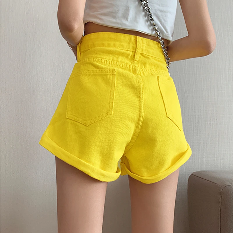 2021 Denim Shorts Women's Pocket Blue Short Jeans Khaki Wide Leg Elastic Waist High Waist Shorts Women Summer Roll Up Hem Shorts