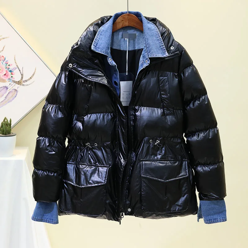 2024 New Winter Women Jacket Korean Loose Glossy Denim Stitching Down Cotton Coat Girl Fashion Waist Thickened Bread ServiceTide